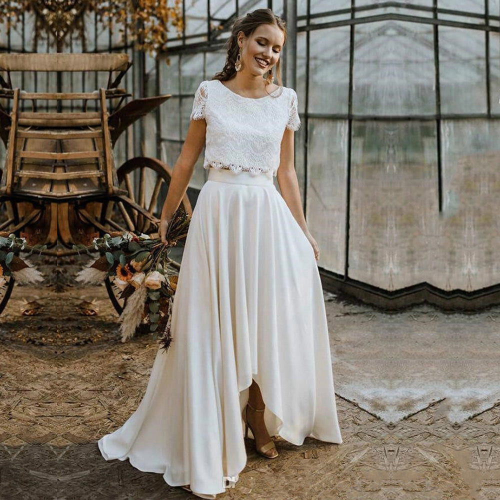 Gorgeous Bohemian Two Pieces Wedding Dress 2023 LaceTop Short Sleeve Bridal Gown Jewel Neck Beach Wedding Gown Vestidos De Novia