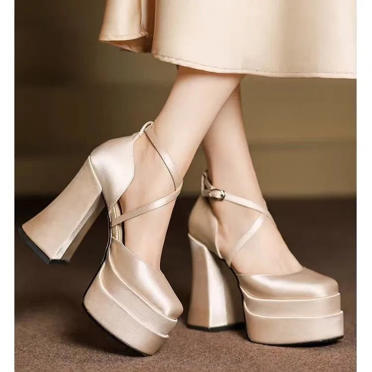 White Satin Wedding Shoes Platform Super High Heels New Small Block Heel Single Shoes