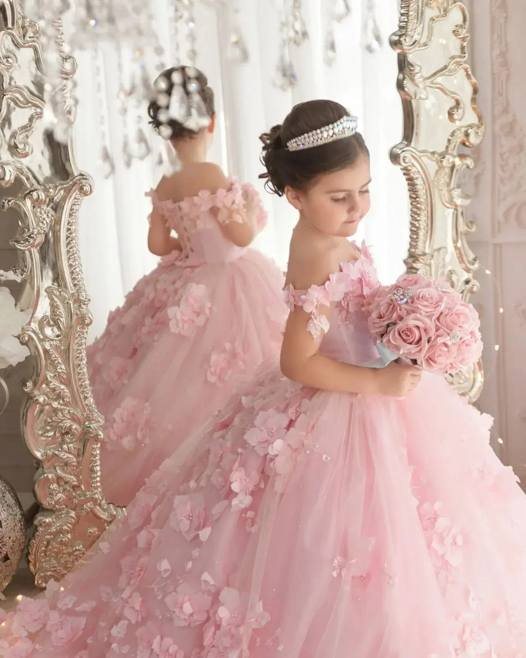 Off-Shoulder Pearl Tulle Flower Girl Dress