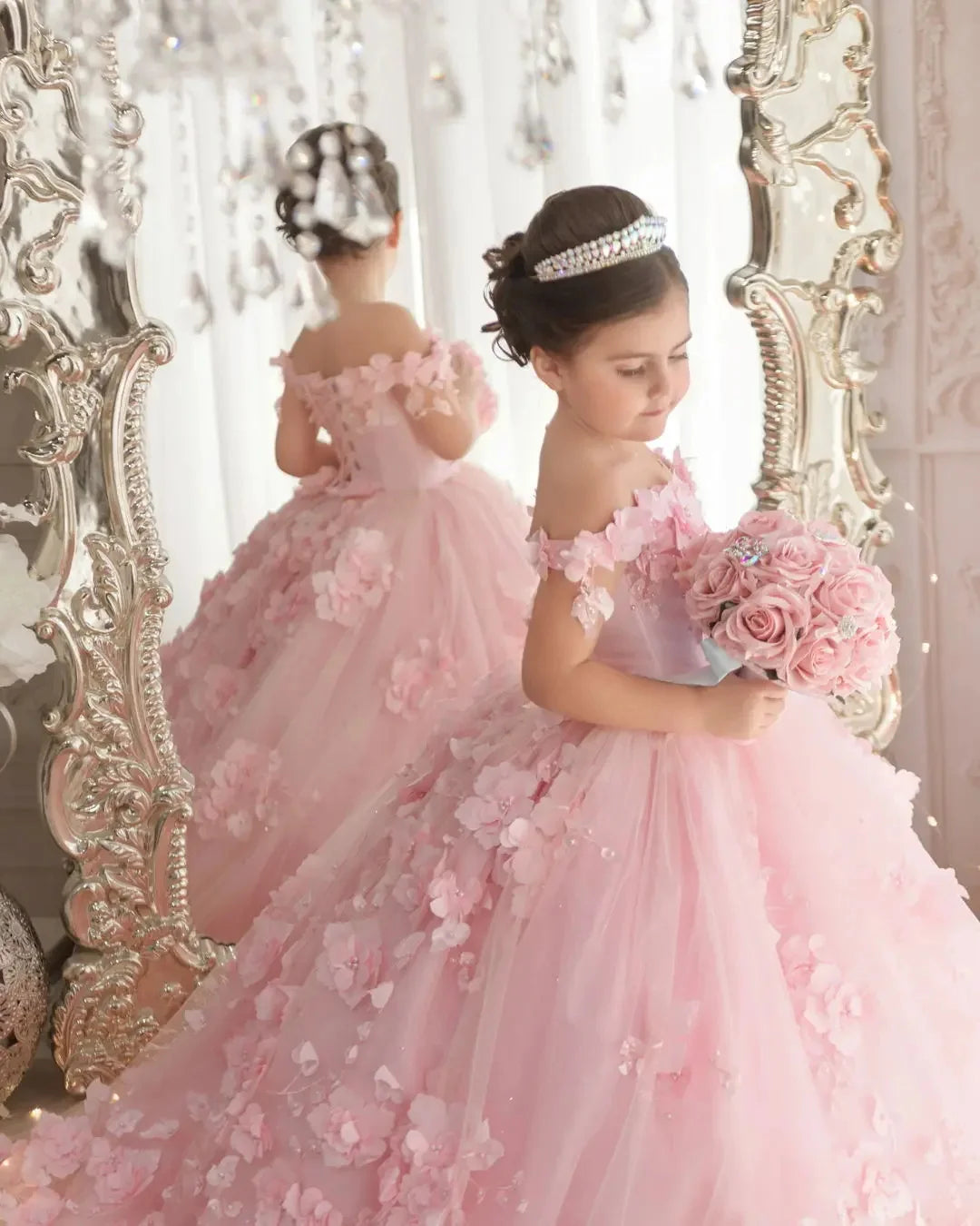 Off-Shoulder Pearl Tulle Flower Girl Dress
