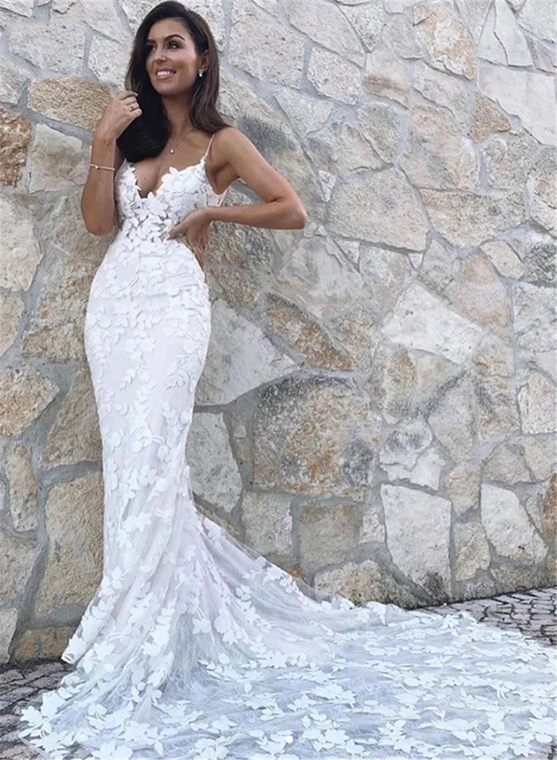 Boho Lace Backless Mermaid Wedding Dress