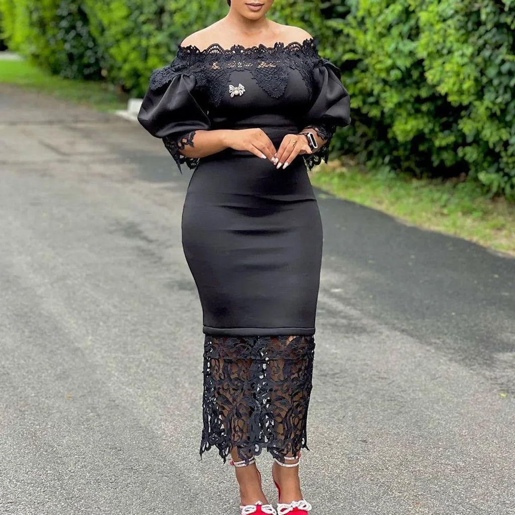 Off-Shoulder Lantern Sleeve Lace Sheath Dress