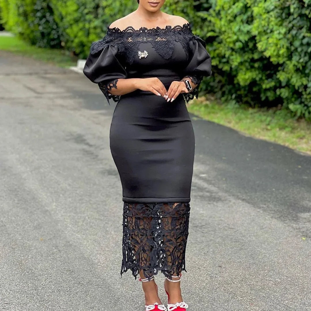 Off-Shoulder Lantern Sleeve Lace Sheath Dress