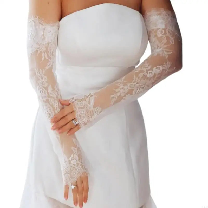Long Sheer Bridal Gloves Elegant Lace Flower Fingerless Arm Sleeves for Weddings