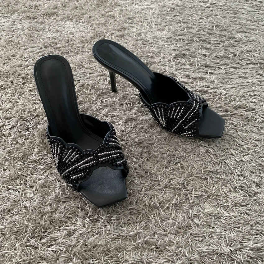 Elegant Summer High Heels Women Mules Sandals Open Toe Pearl Beaded Female Stilettos Slip on Party Wedding Dress Shoes Woman