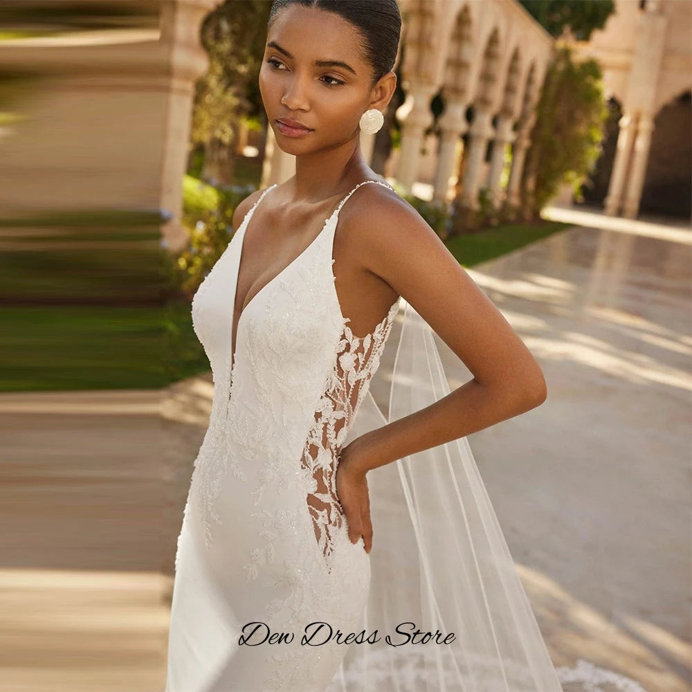 Sexy Deep V-neck Backless Wedding Dress Elegant Satin Mermaid Bridal Gown High Quality Tulle Appliques Customized Robe de mariée