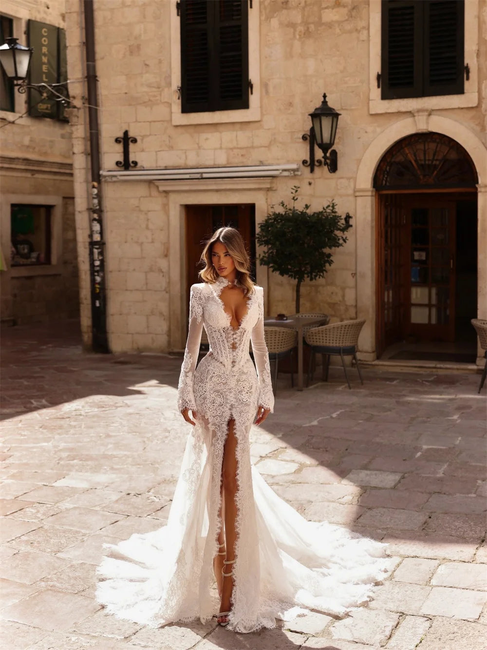 Sheer Lace Deep V Boho Wedding Dress with Slit