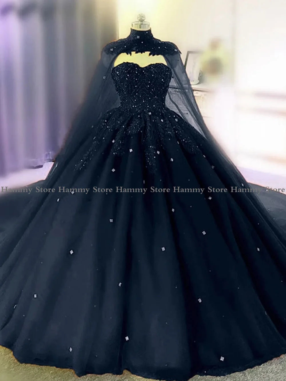 Black Ball Gown Gothic Wedding Dress With Cape Customized Sweetheart Beaded Princess Bridal Non White Custom Made Bride 2022