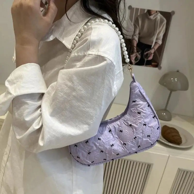 Trendy Wrinkled Bow Purse for Women Versatile Shoulder Bag Elegant Underarm Handbag for Daily Outings