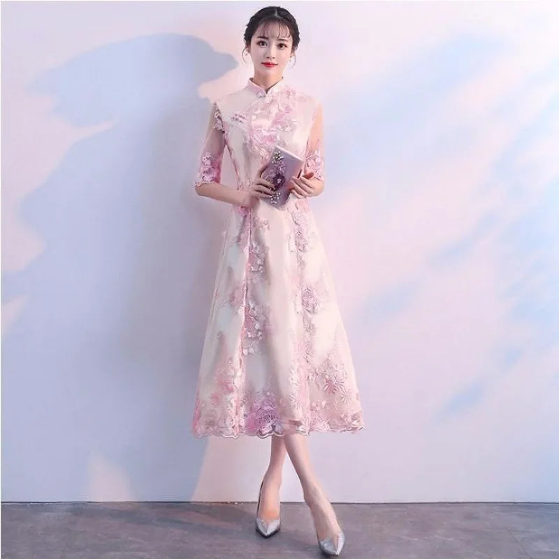 Floral Embroidered Satin Cheongsam Gown