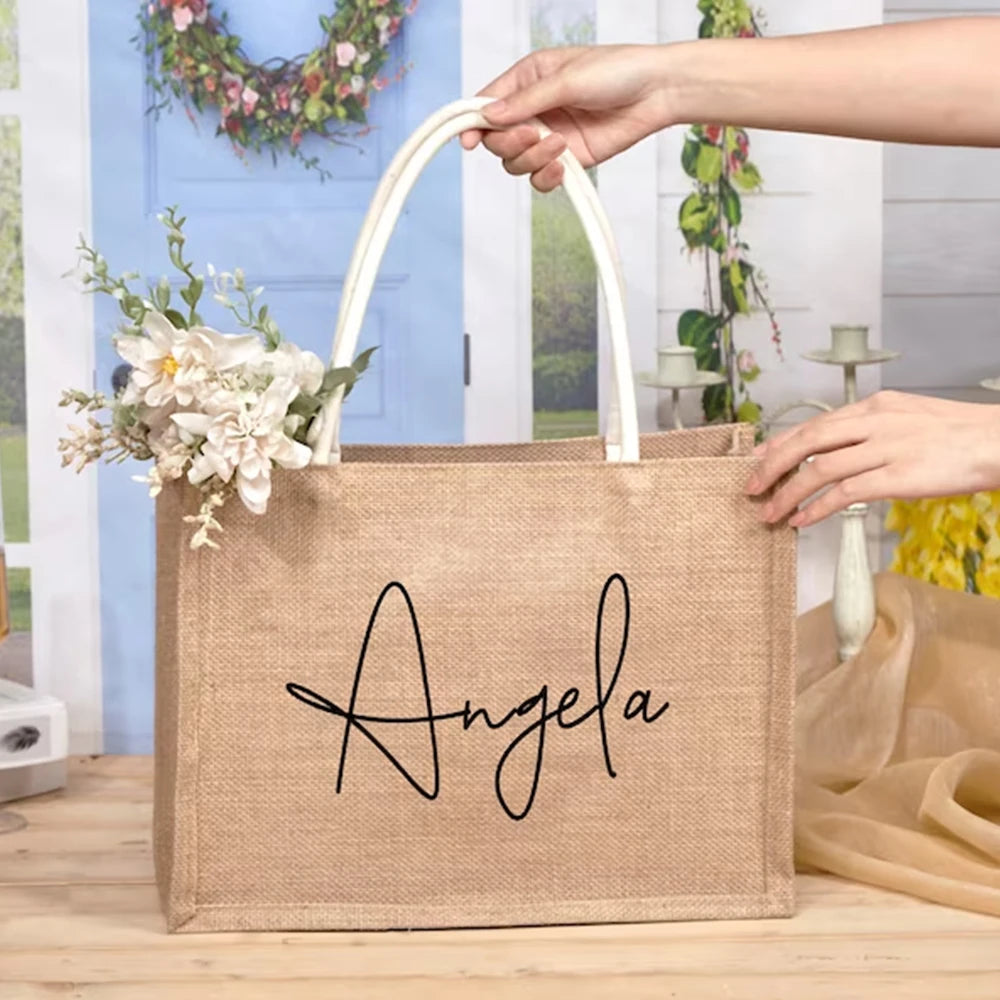 Personalized Bridesmaid Jute Tote Bags with Scarf Party Retro Beach Bag Bachelorette Gifts Girlfriend Gift for Her