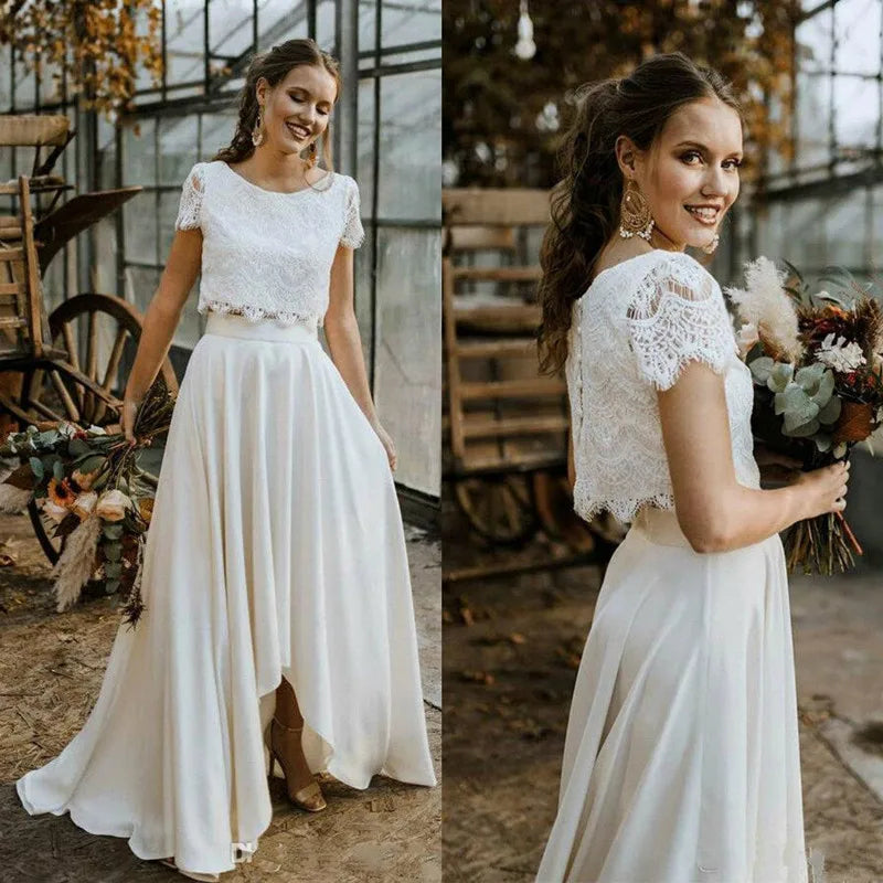Gorgeous Bohemian Two Pieces Wedding Dress 2023 LaceTop Short Sleeve Bridal Gown Jewel Neck Beach Wedding Gown Vestidos De Novia