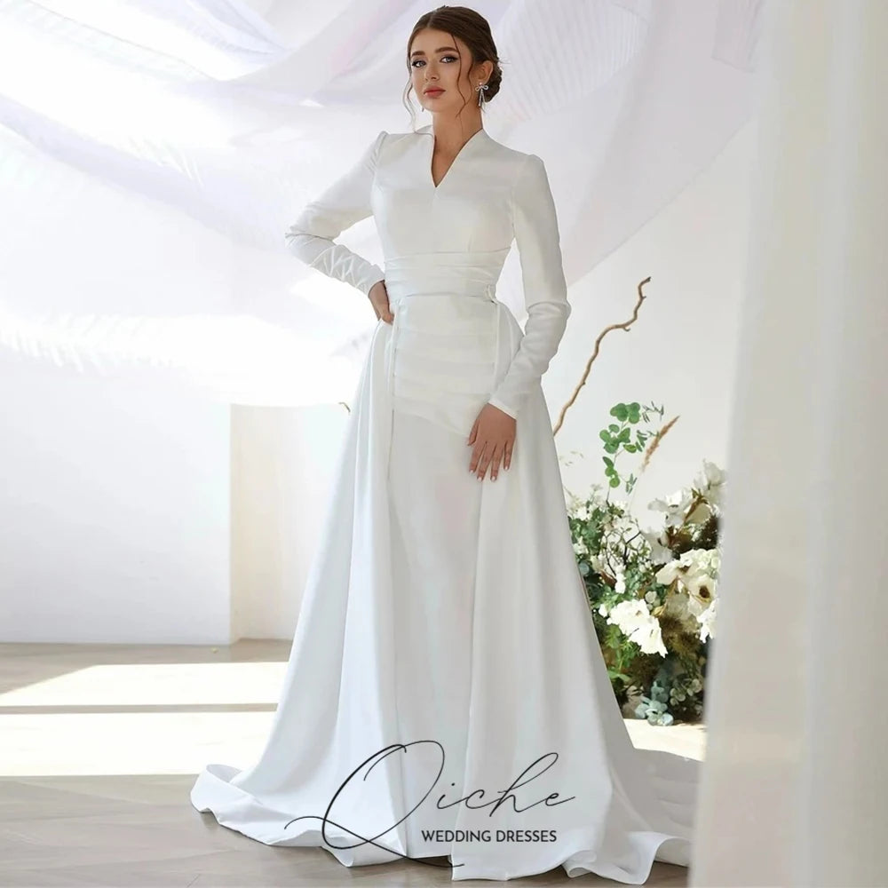 QICHE Modest Muslim Wedding Dresses Long Sleeve Luxury Floor Civil Bride Dresses Plus Customized 2026 Evening Prom Party Gowns