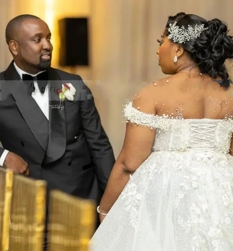 Customized Wedding Dress For Bride Sheer Neck Lace Up Back Major Beading Sequins Pearls Plus Size Women Africa Bridal Gowns