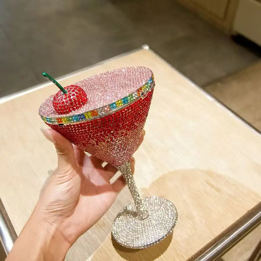 XIYUAN Cherry Martini Gold Rhinestone Evening Cocktail Party Handbag Women Luxury Bling Crystals Wedding Bridal Clutch Purses