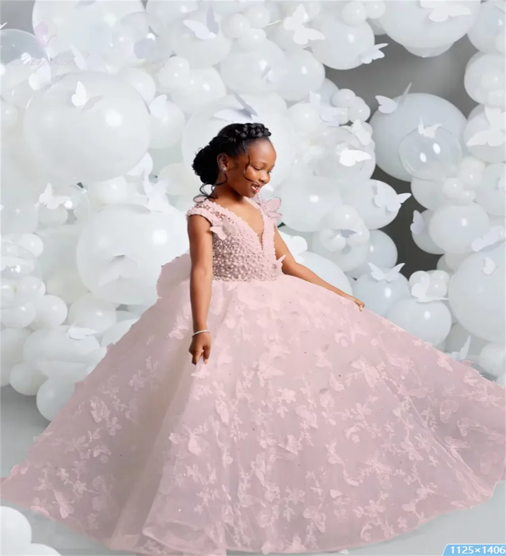 V-Neck Butterfly Pearl Flower Girl Dress