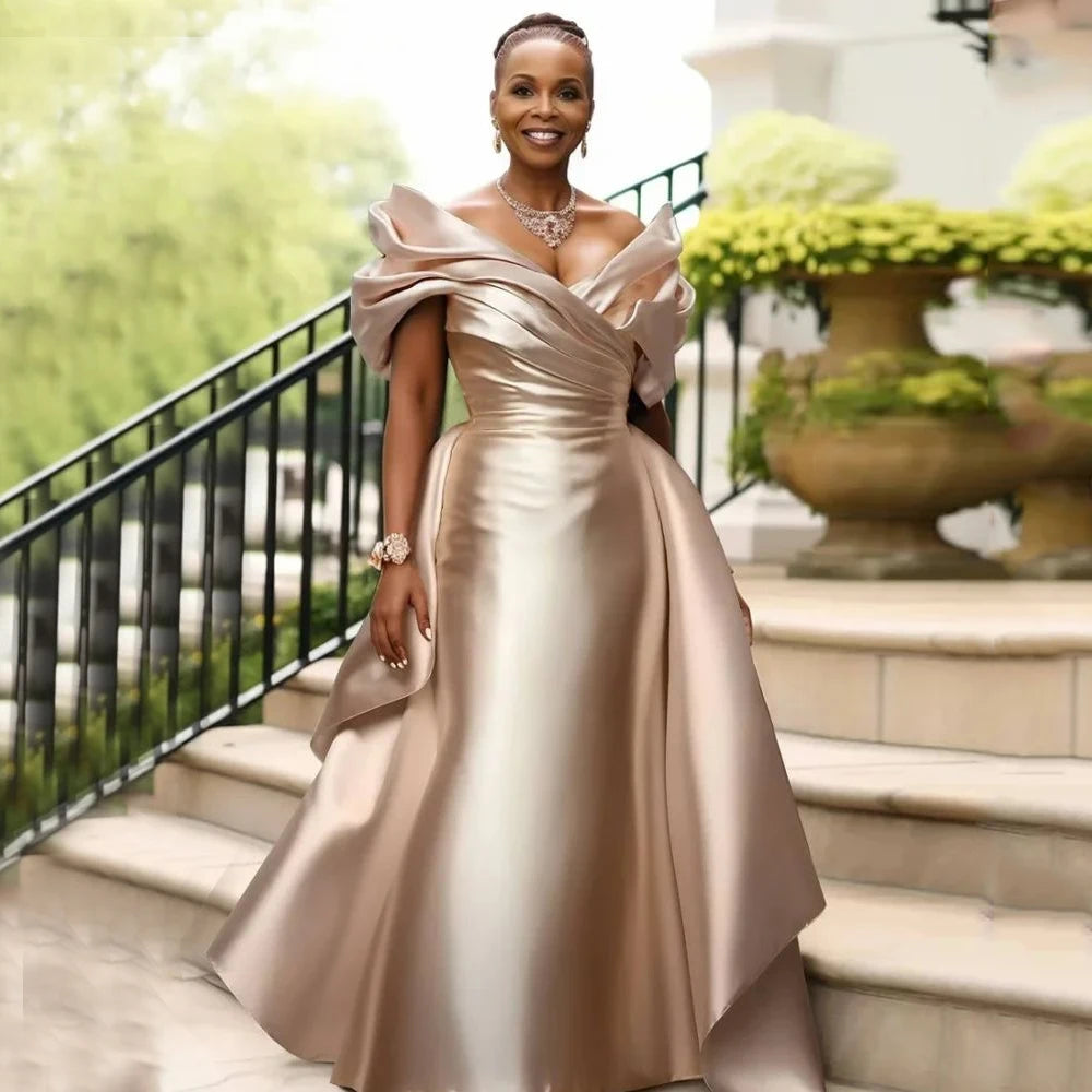 Satin Mother of the Bride Dresses Overskirt Off Shoulder Floor Length Wedding Guest Evening Party Anniversary Dress Customized