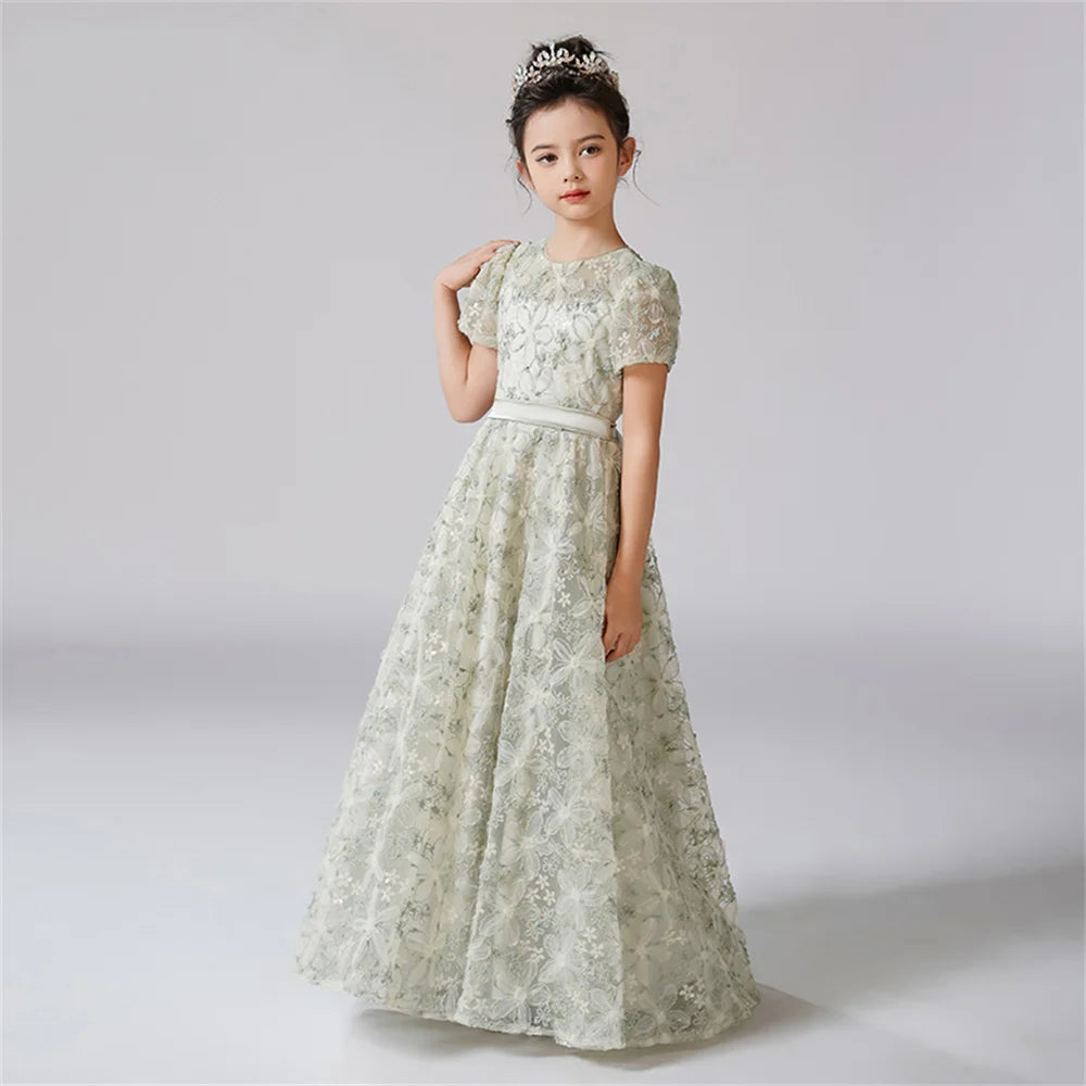 Rhinestone Floral Lace Puff-Sleeve Flower Girl Dress