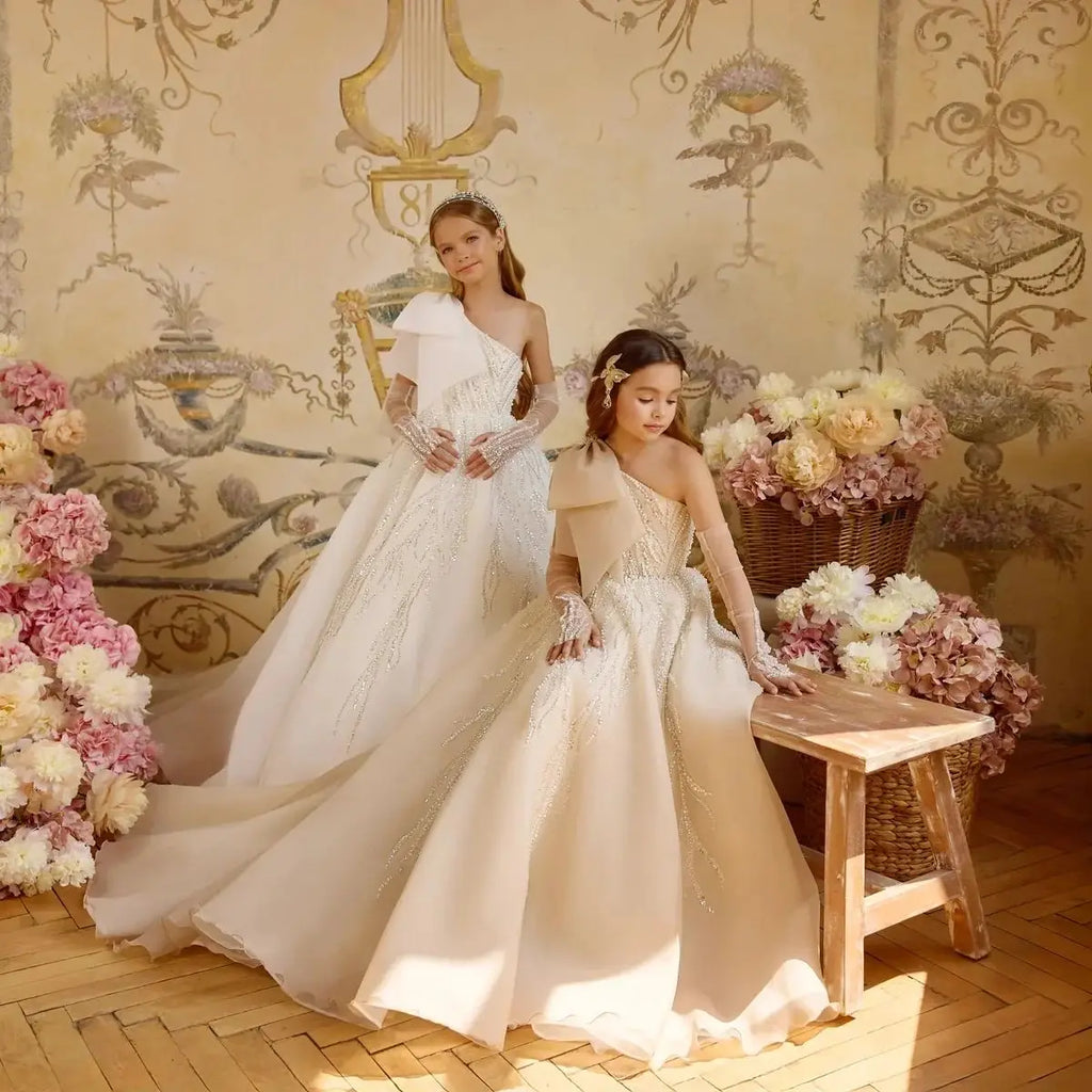 One-Shoulder Beaded Flower Girl Gown