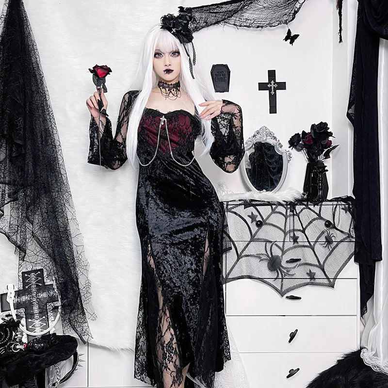 Goth Dark Elegant Mall Gothic Women Evening Dresses Grunge Aesthetic E-girl Velvet Midi Dress Lace Splice Sexy Split Alt Outfits