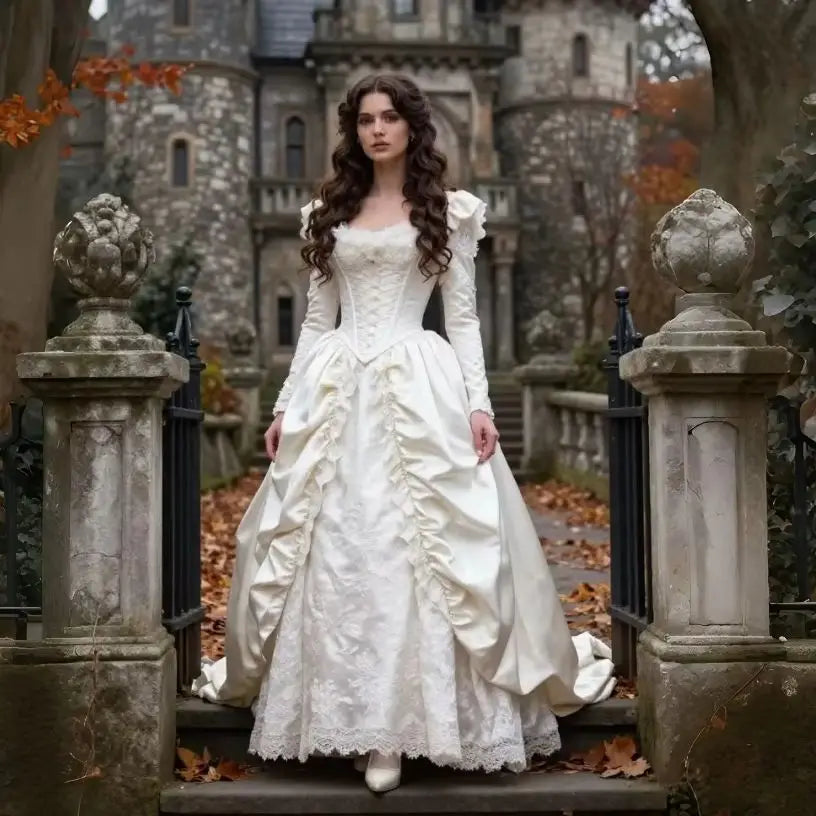 Historical Victorian Wedding Dress Long Sleeve Corset Bodice White Satin Lace Ruffled Long Vintage Bridal Gown Customized