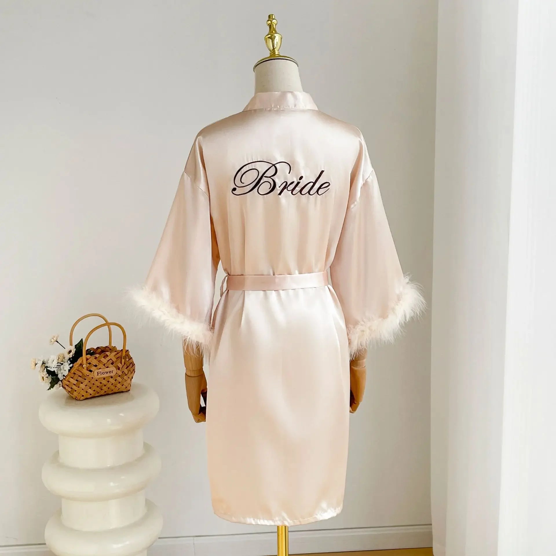 Feather Trim Satin Bridal Robe