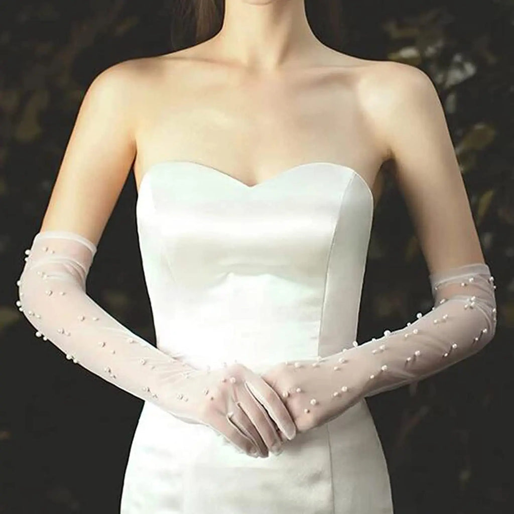 Elegant Pearl Beaded Long Elbow Bridal Gloves for Wedding Party Finger Tulle Gloves Marriage Accessories