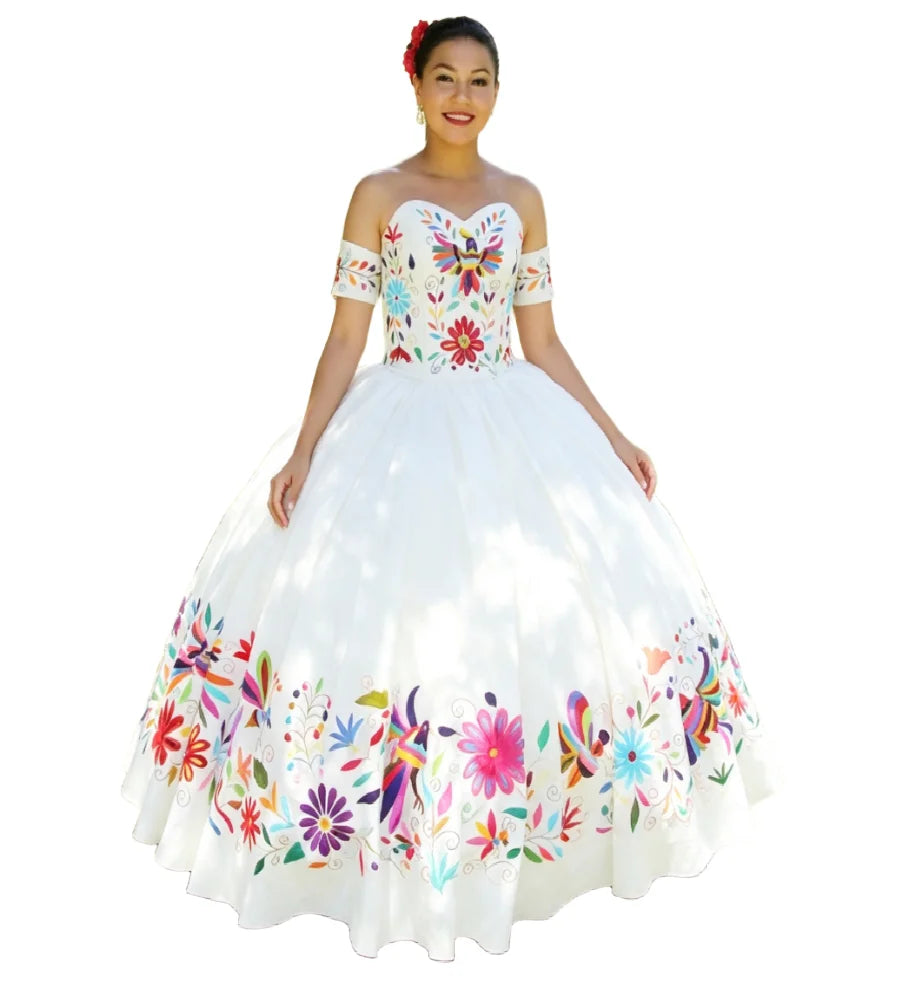 Vintage Mexican Wedding Dress With Colorful Floral Embroidery Off Shoulders Satin Sweet 15 Birthday Party Tradicional Bridal