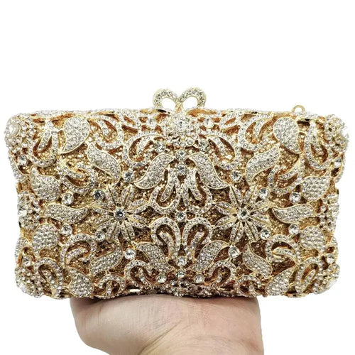 Boutique De FGG Handmade Flower Evening Bags and Clutches, Gold Rhinestone Clutch Purses and Handbags, Wedding Bridal CLutch Bag