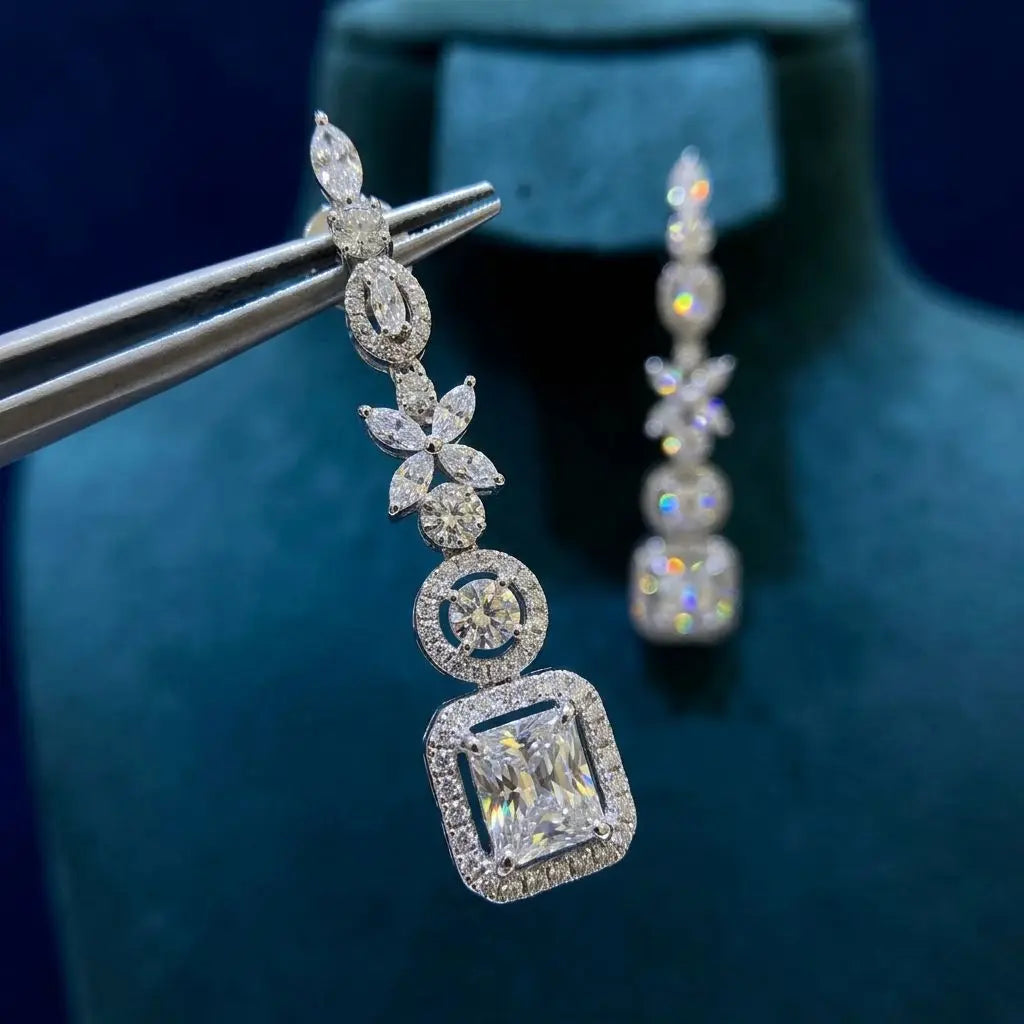 Bride Talk Luxury Long Bridal Jewelry Set Elegant Zircon Geometric Floral Wedding Accessories for Women Sweater Chain 2Pcs