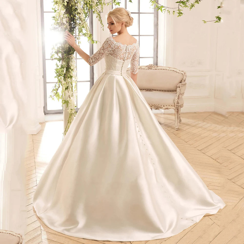 Boat Neck Half Sleeve Satin A-Line Wedding Dress