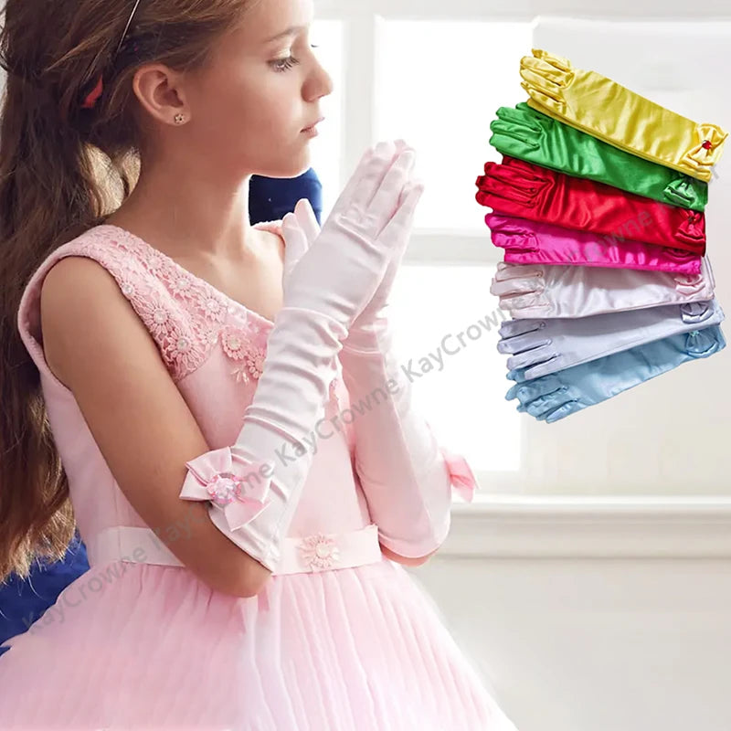 29cm Children Long Gloves Princess Dance Performance Stage Party Wedding Glove Satin Bow Full Finger Mittens Birthday Gifts G332