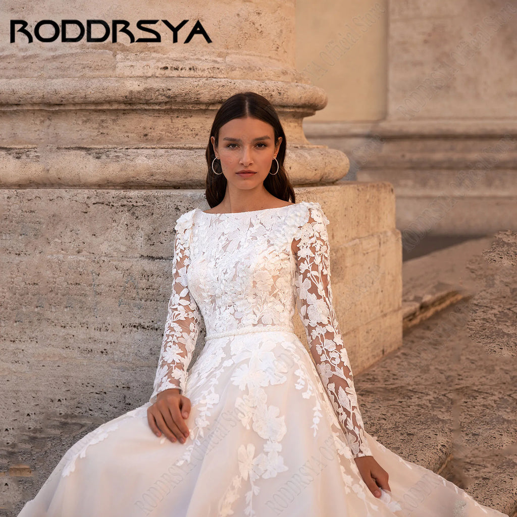 RODDRSYA Muslim Wedding Dresses 2025 Bride Long Sleeves Flowers A-Line Lace Bride Gowns Applique robe mariée boheme Customized