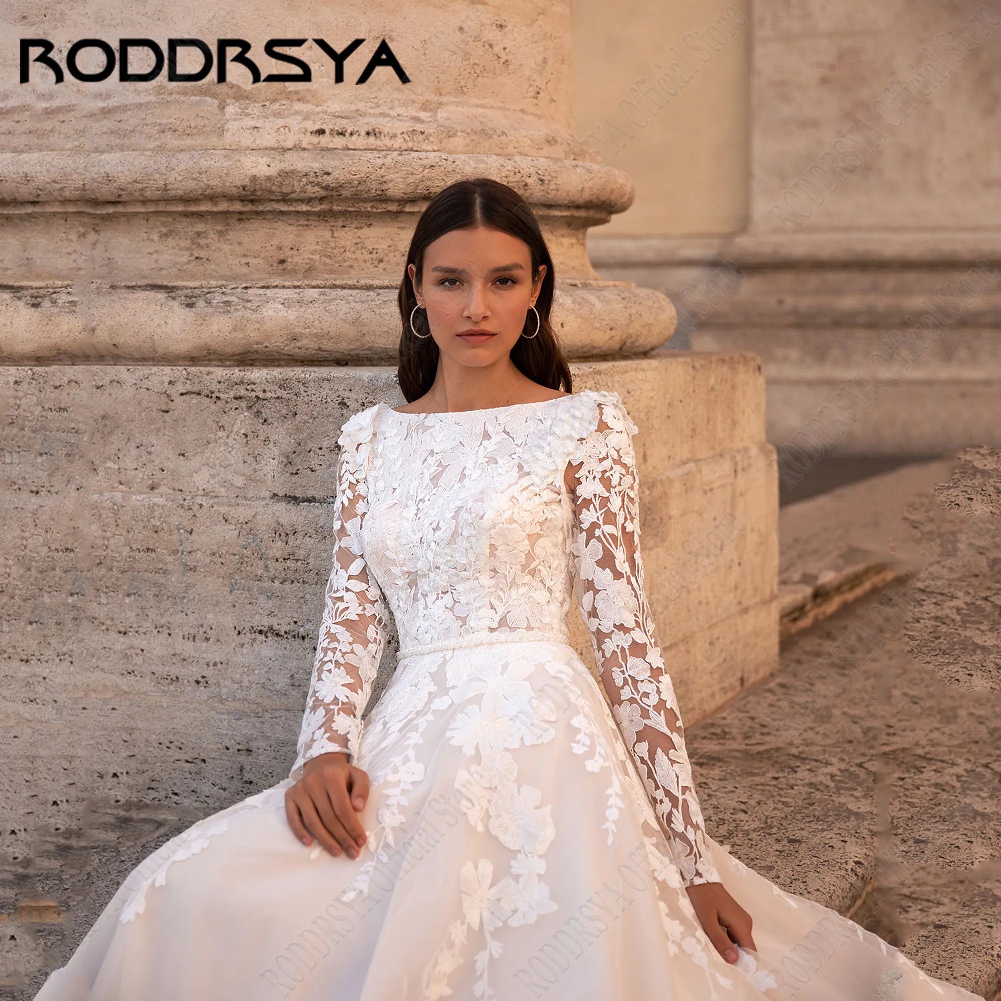 RODDRSYA Muslim Wedding Dresses 2025 Bride Long Sleeves Flowers A-Line Lace Bride Gowns Applique robe mariée boheme Customized