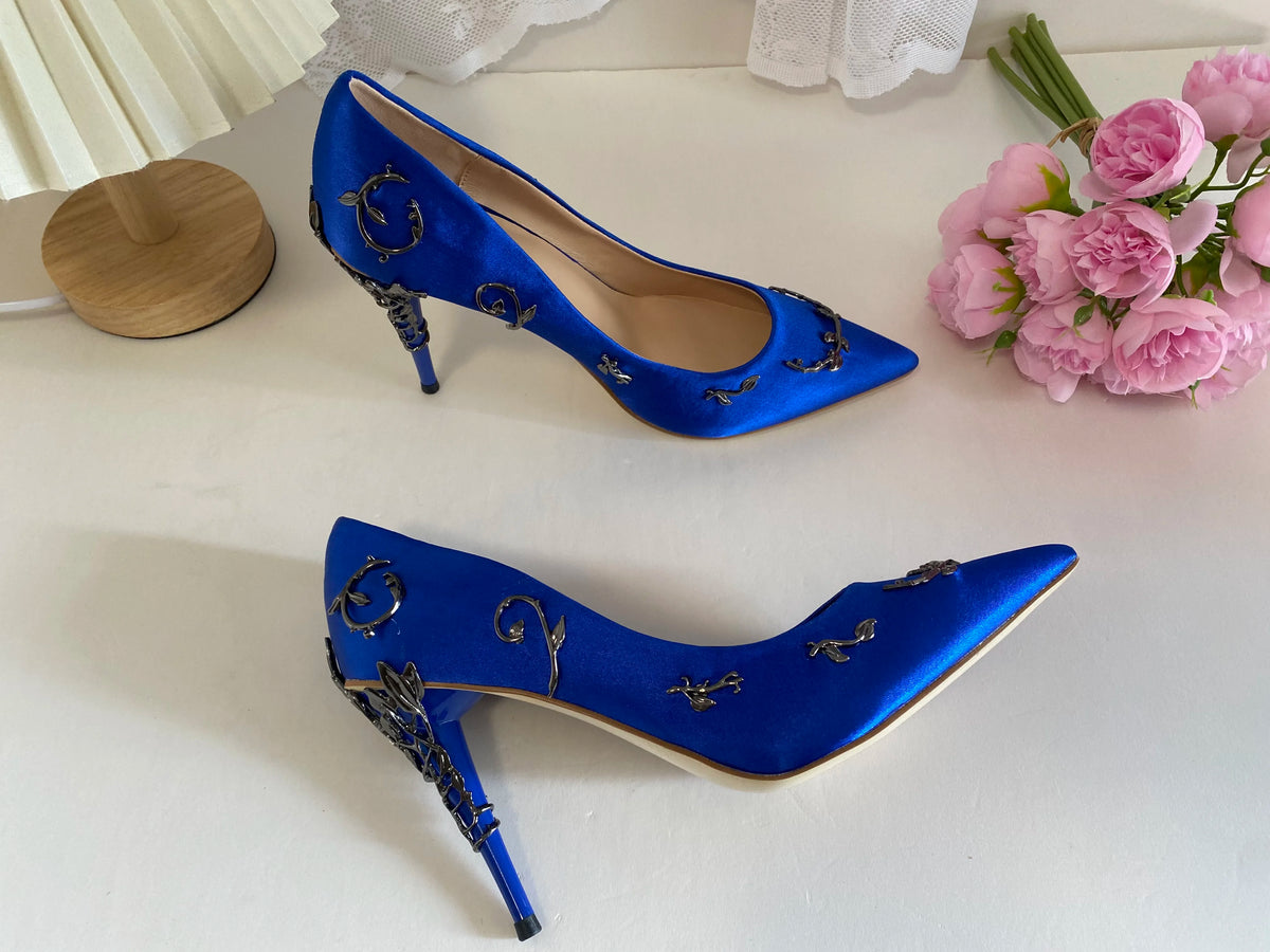 Luxury Leaves Metal Heel Pumps Women Shoes Pointed Toe Blue White Pink Black Silk Stiletto High Heels Wedding Bride Shoes 10cm