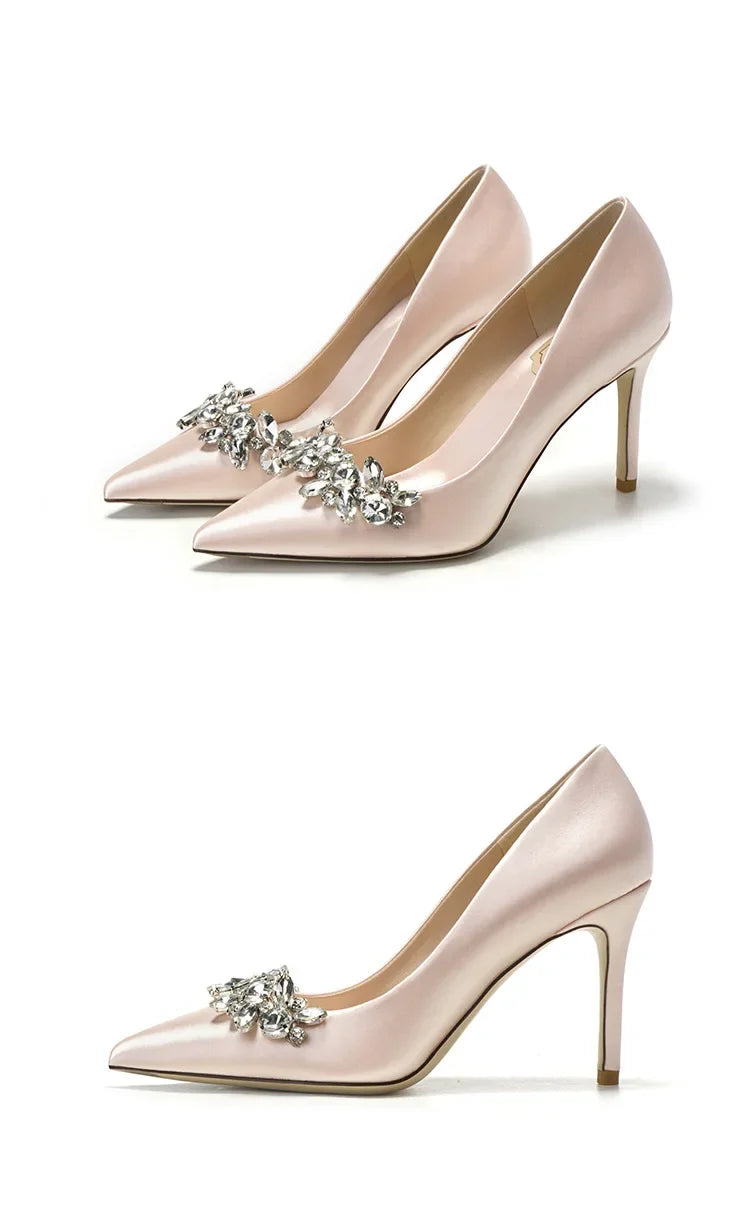 New White Champagne Women Bridal Wedding Shoes Faux Silk Satin Rhinestone Crystal Shallow Pumps Stiletto High Heel