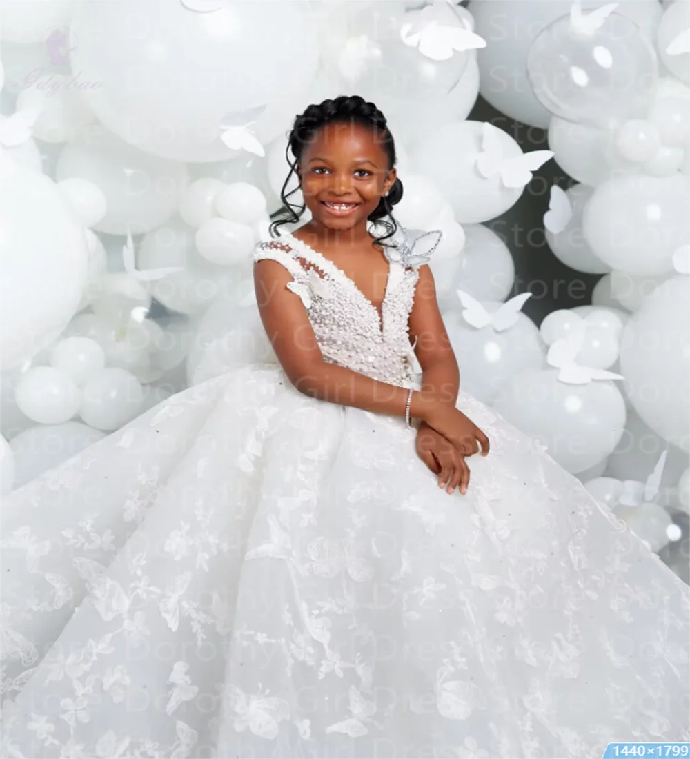 V-Neck Butterfly Pearl Flower Girl Dress