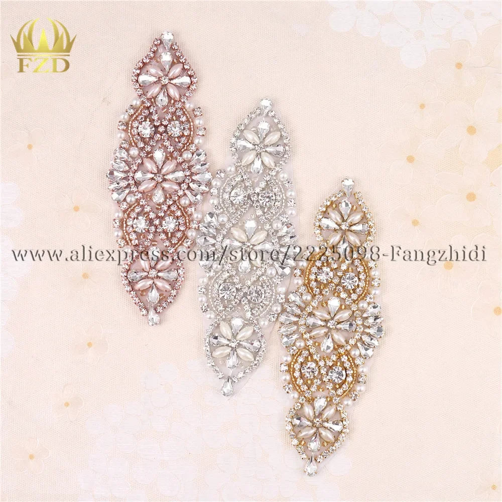 1 Pieces Wedding Rhinestones Dress Accessories Applique Gold Claw Sliver Motif Crystals Sewing Beaded Patches For Bridal Garter