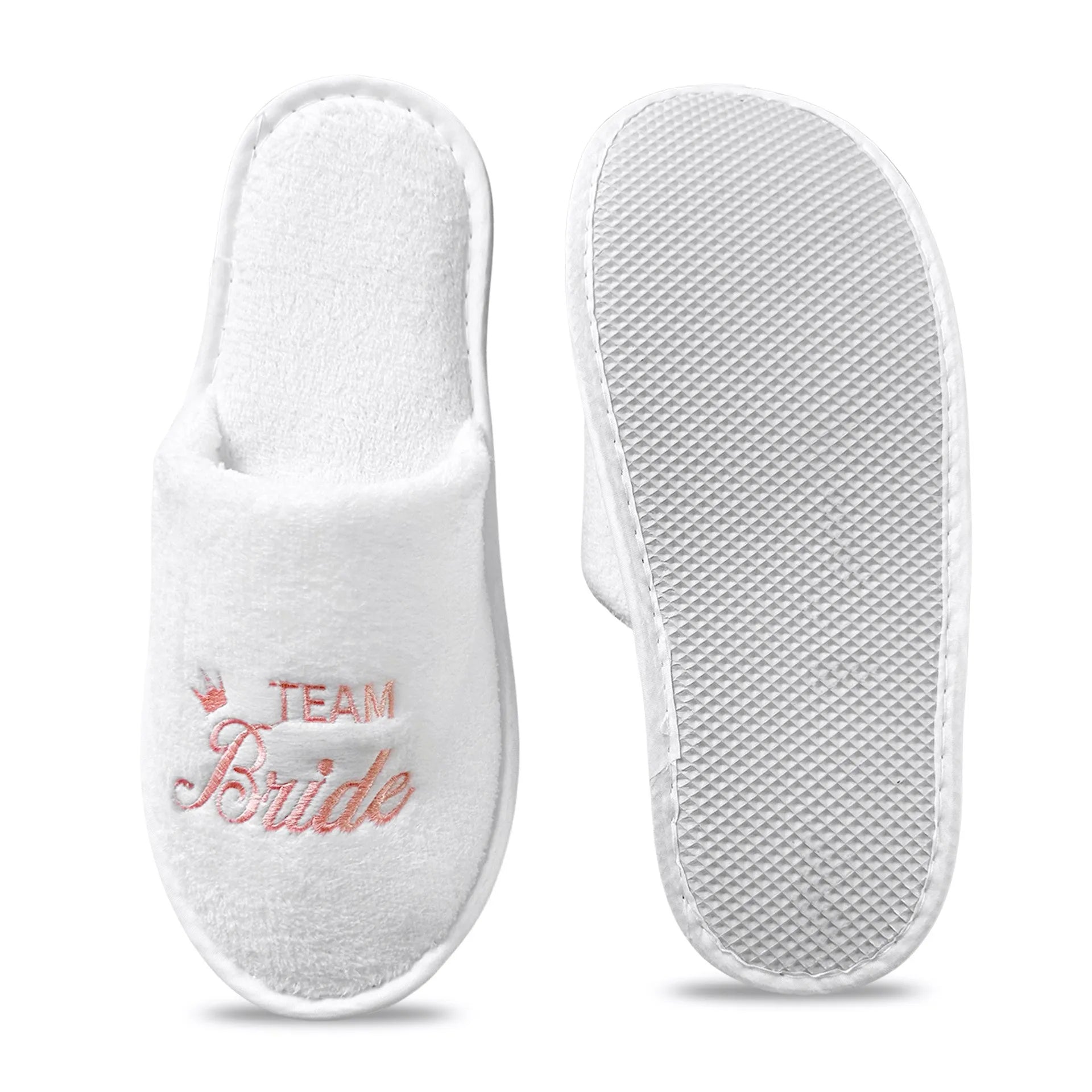 Bridal Party Slippers Set, Close-toe With Golden & Pink Embroidery, Lightweight Plush Cozy Flats, Non-slip Soft Sole For Bride