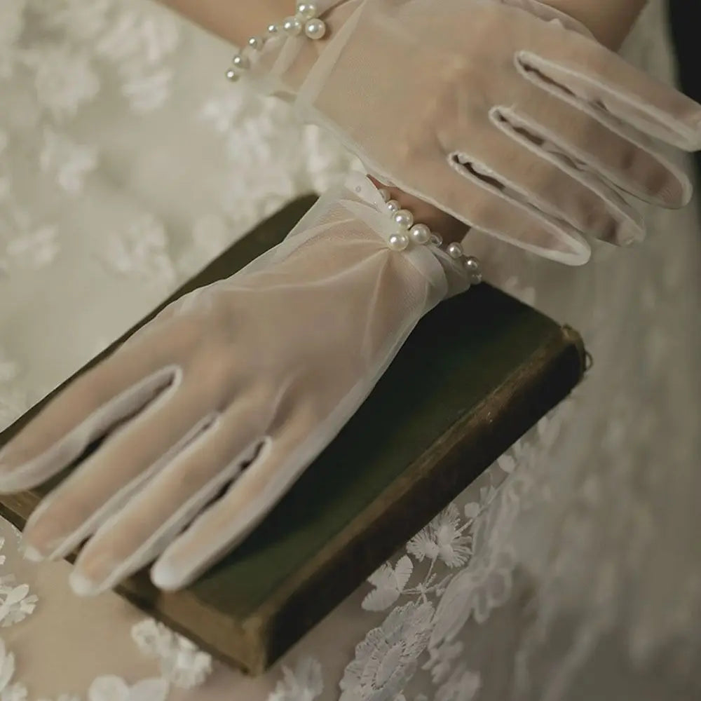 Wrist-Length Satin Bridal Gloves with Pearl and Bow