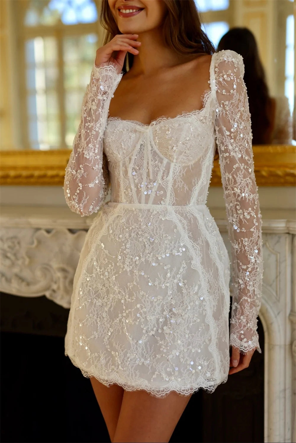 Customized Mini Skirt Square Neck Sequin Lace Wedding Dress Long Sleeves vestidos de novia Lace-up Back Short Gown After Party
