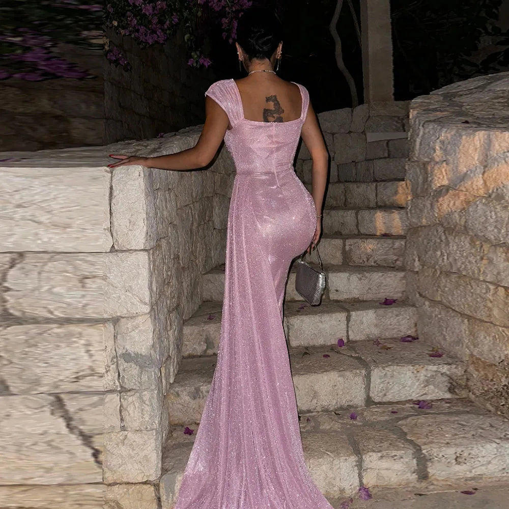 Customized Glitter Pink Evening Dress with Side Train Wide Strap Sweetheart Wedding Guest Gown Mermaid فساتين سهرة