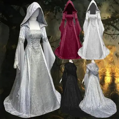 Women's medieval retro style wedding dress 8-color hooded waist dress cosplay