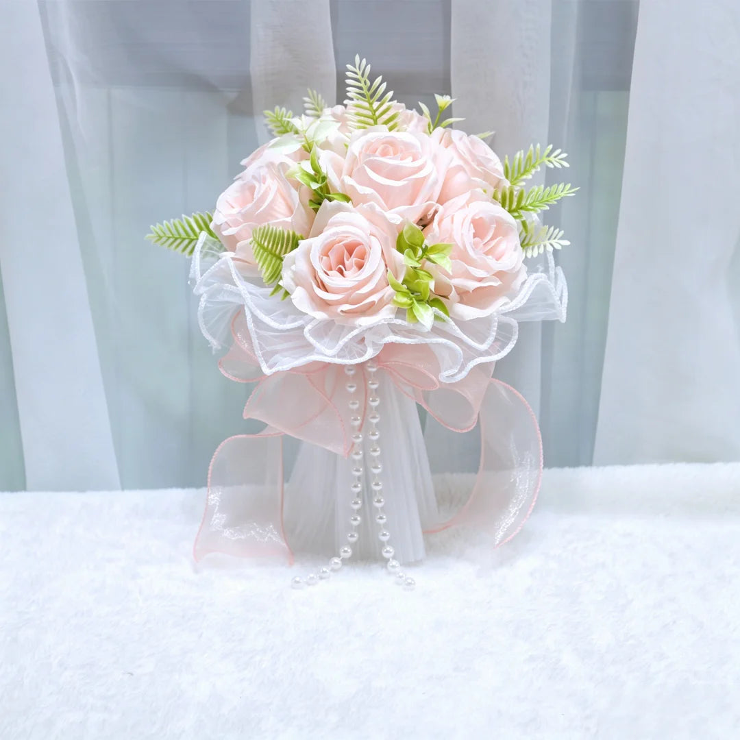 Pearl Rose Bridal Bouquet Artificial Silk Flower Hand Bouquet Pearl Lace Mesh Ball Ribbon Elegant Wedding Bridesmaid Bouquet