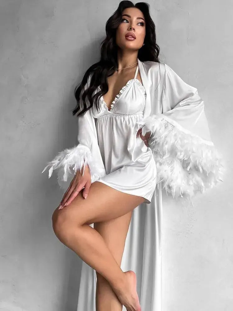Boudoir Robe and Nightgown Bride Long Robe with Feather Sleeves White Bridal Silk Dressing Gown Bridesmaid Robes Bridesmaid Gift