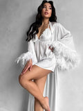 Boudoir Robe and Nightgown Bride Long Robe with Feather Sleeves White Bridal Silk Dressing Gown Bridesmaid Robes Bridesmaid Gift