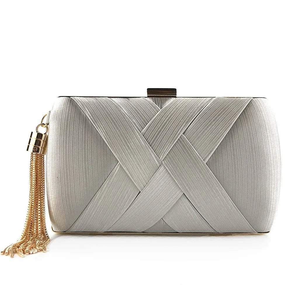 Fashion Luxury Silk Fabric Dinner Handbag Tassel Elegant Evening Banquet Bag Chain Square Bridal Clutch Bag Ladies