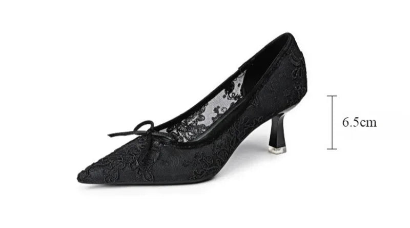 Wedding Shoes Bridal Pumps for Women Elegant Lace with Bow Decor Pointed Toe Mesh Stiletto Heels Comfortable Classic Party