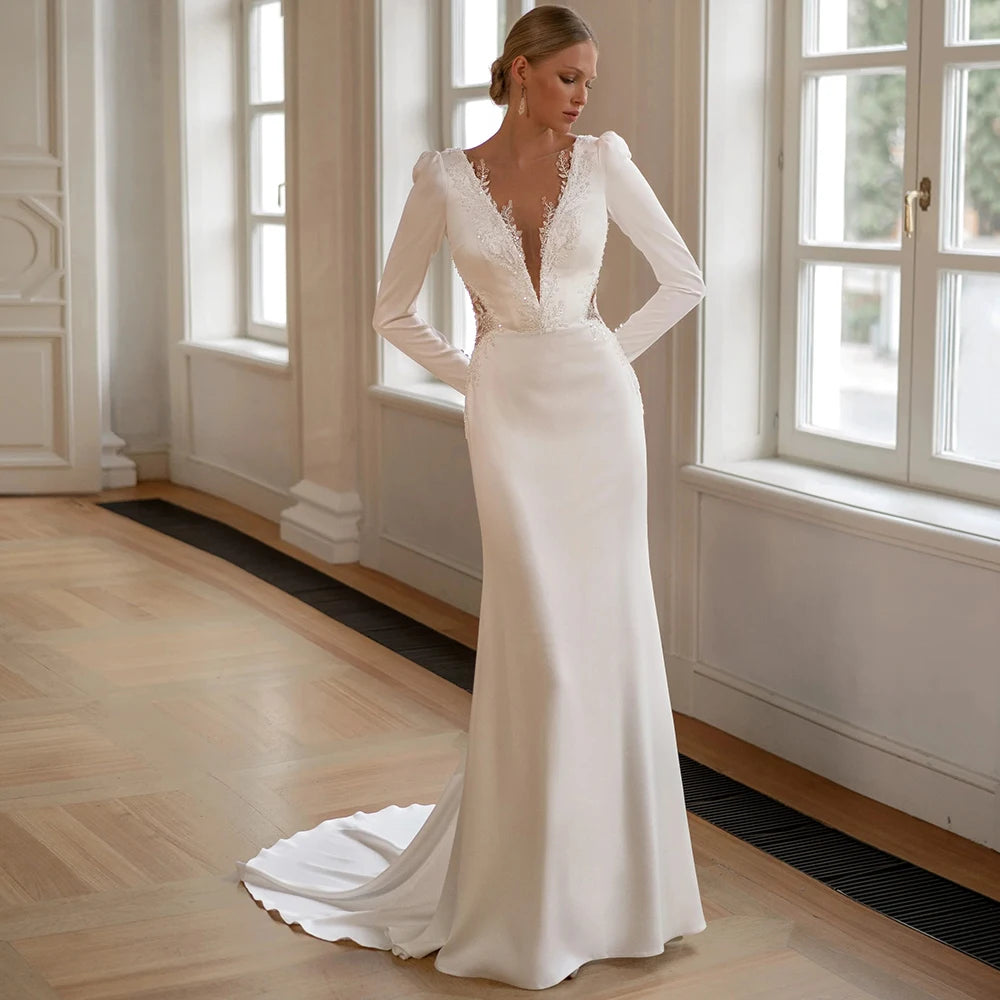 Long Sleeve Jersey Deep V Sheath Wedding Dress