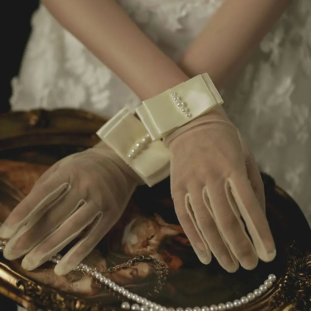 Wrist-Length Satin Bridal Gloves with Pearl and Bow